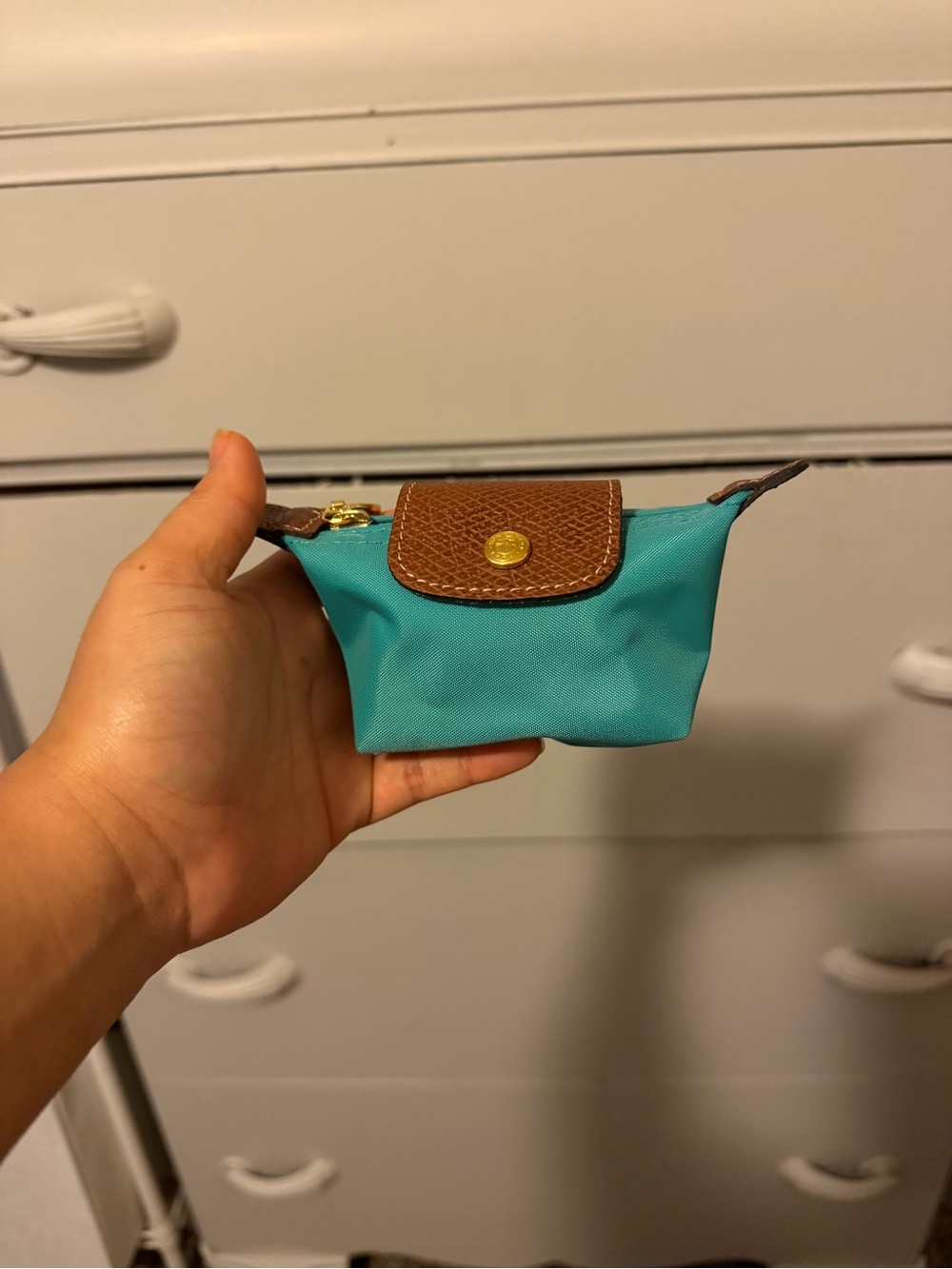 Longchamp Mini Le Pliage Teal with Brown Trim